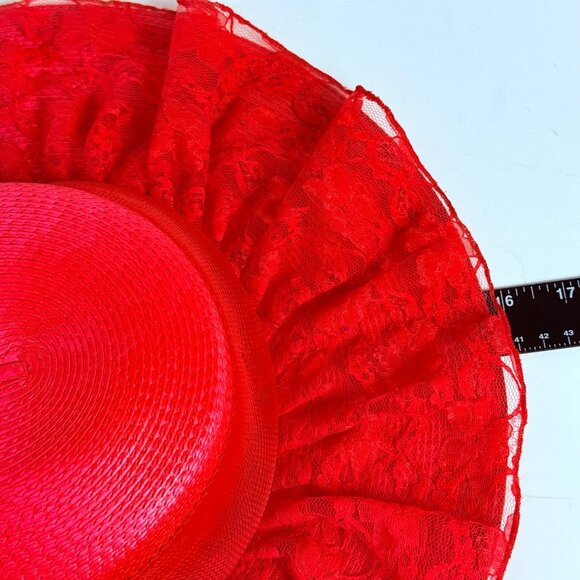 Vintage Wide Brimmed Derby Hat Red Flat Top Lace Bow Dramatic Silhouette - Picture 8 of 14